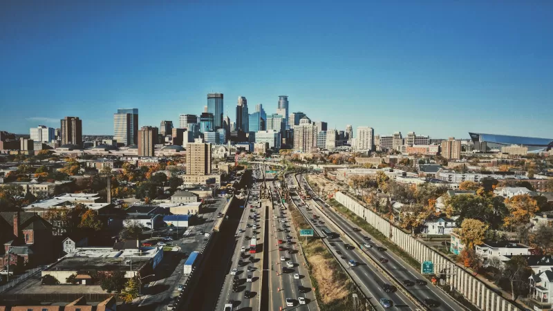 Minneapolis skyline with highway in the foreground